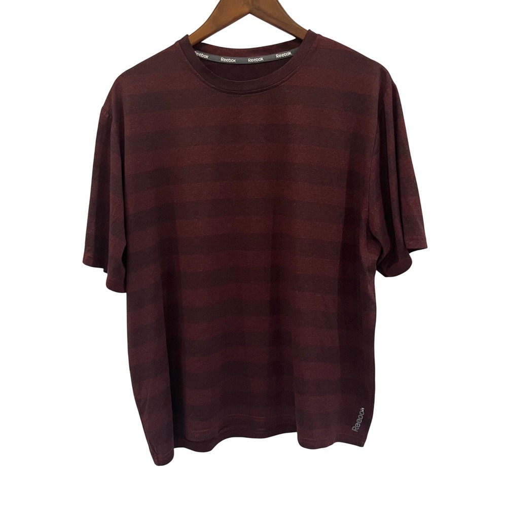 Reebok Mens Striped Short Sleeve Performance T-Shirt Burgundy Maroon - 090